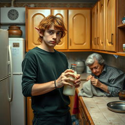 A realistic film poster featuring a twenty-year-old shaggy red-haired guy with elf ears, standing in an old Soviet kitchen