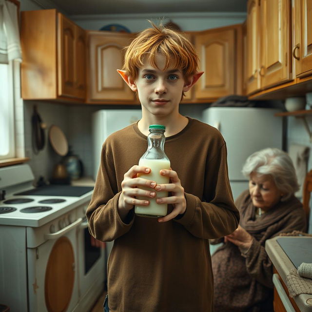 A realistic film poster featuring a twenty-year-old shaggy red-haired guy with elf ears, standing in an old Soviet kitchen