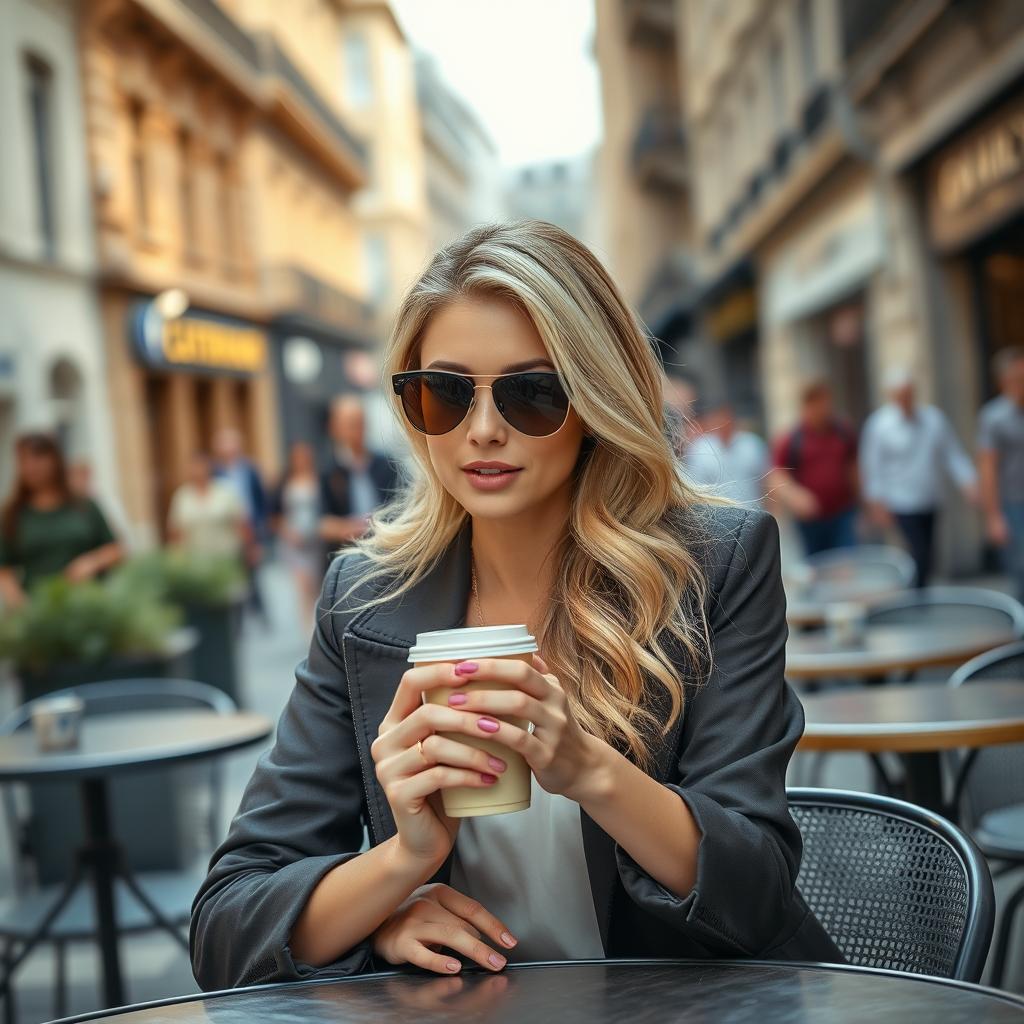 A beautiful blonde British woman with a brunette with blonde highlights hairstyle sitting at an outdoor café table