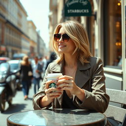 A beautiful blonde British woman with a brunette with blonde highlights hairstyle sitting at an outdoor café table