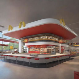 A speculative depiction of a McDonald's restaurant 600 years into the future incorporating highly advanced technology, novel architectural elements, and innovative food service mechanisms.