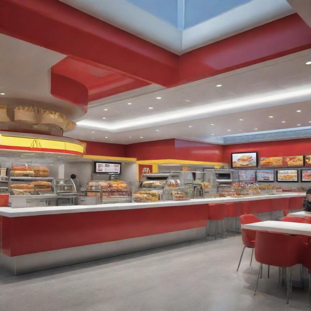 A speculative depiction of a McDonald's restaurant 600 years into the future incorporating highly advanced technology, novel architectural elements, and innovative food service mechanisms.