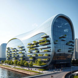 A bionic and futuristic building with extensive glazing, emphasizing transparency and light