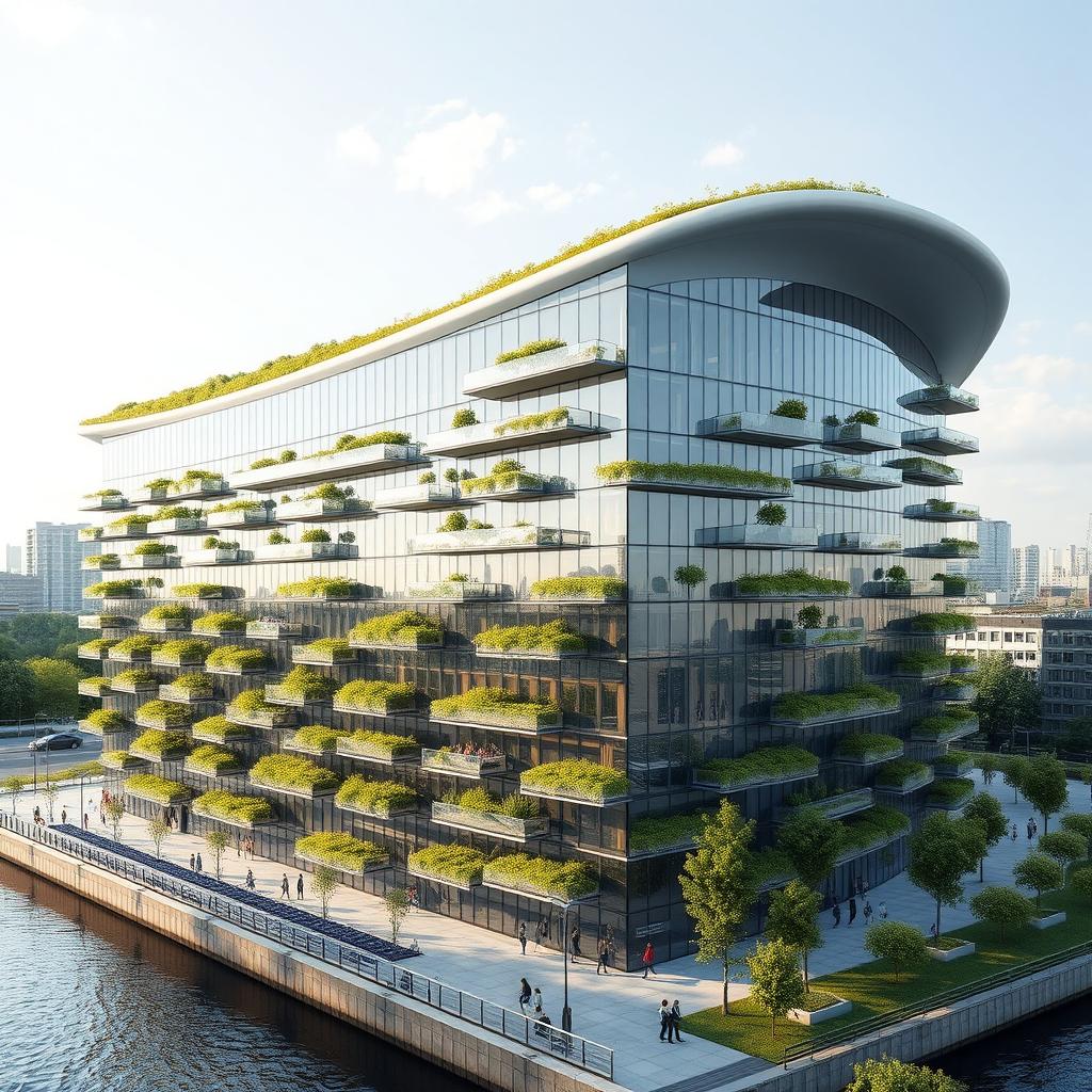 A bionic and futuristic building with extensive glazing, emphasizing transparency and light