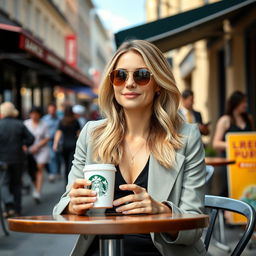 A beautiful blonde British woman with a brunette with blonde highlights hairstyle sitting at an outdoor café table