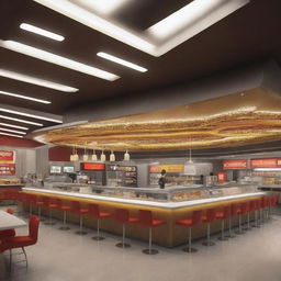 A speculative depiction of a McDonald's restaurant 600 years into the future incorporating highly advanced technology, novel architectural elements, and innovative food service mechanisms.