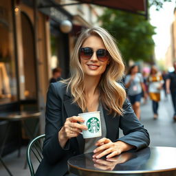 A beautiful blonde British woman with a brunette with blonde highlights hairstyle sitting at an outdoor café table