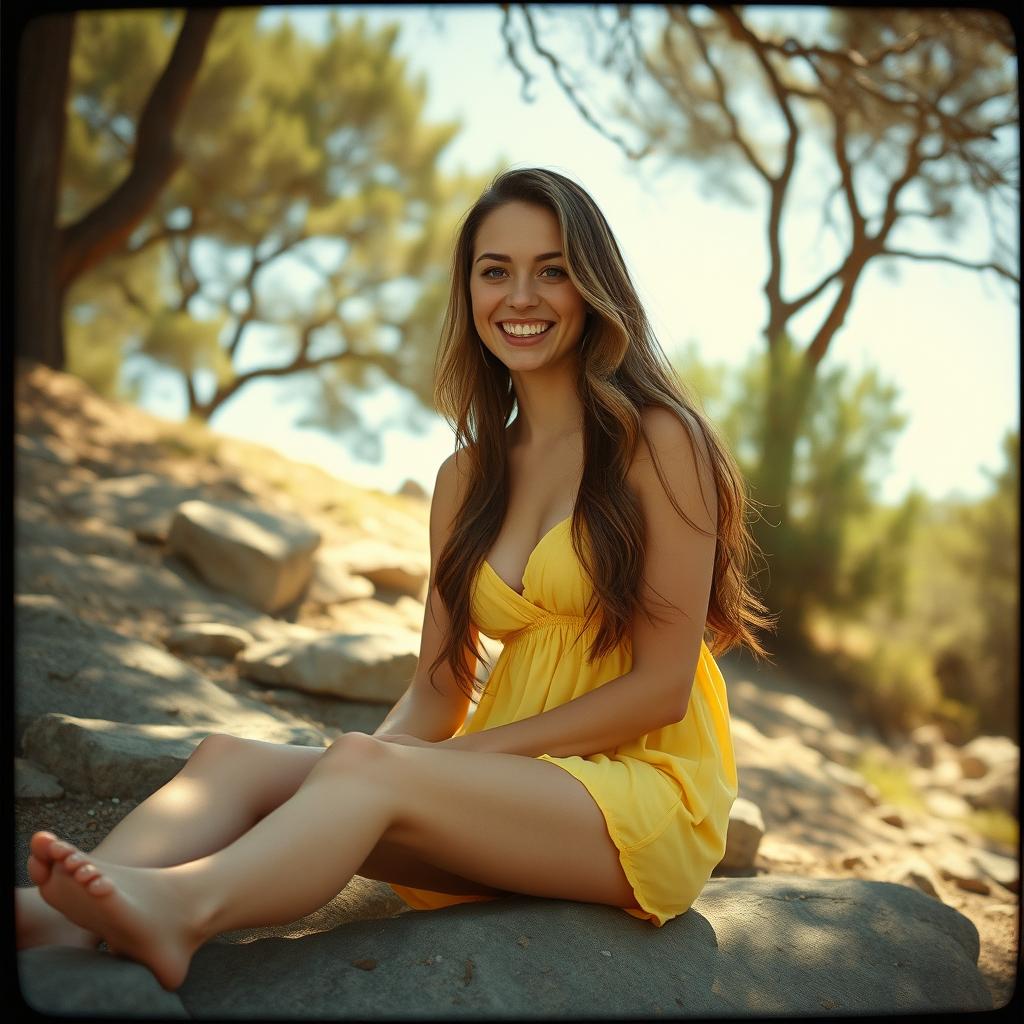 A woman with long dark blonde hair and light-blue eyes, smiling broadly and sitting barefoot on a rocky hillside in the shade of trees on a bright sunny day