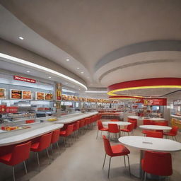 A speculative depiction of a McDonald's restaurant 600 years into the future incorporating highly advanced technology, novel architectural elements, and innovative food service mechanisms.