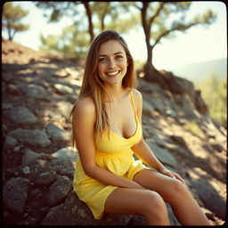 A woman with long dark blonde hair and light-blue eyes, smiling broadly and sitting barefoot on a rocky hillside in the shade of trees on a bright sunny day