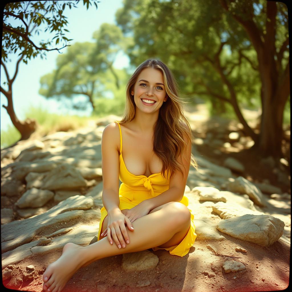 A woman with long dark blonde hair and light-blue eyes, smiling broadly and sitting barefoot on a rocky hillside in the shade of trees on a bright sunny day