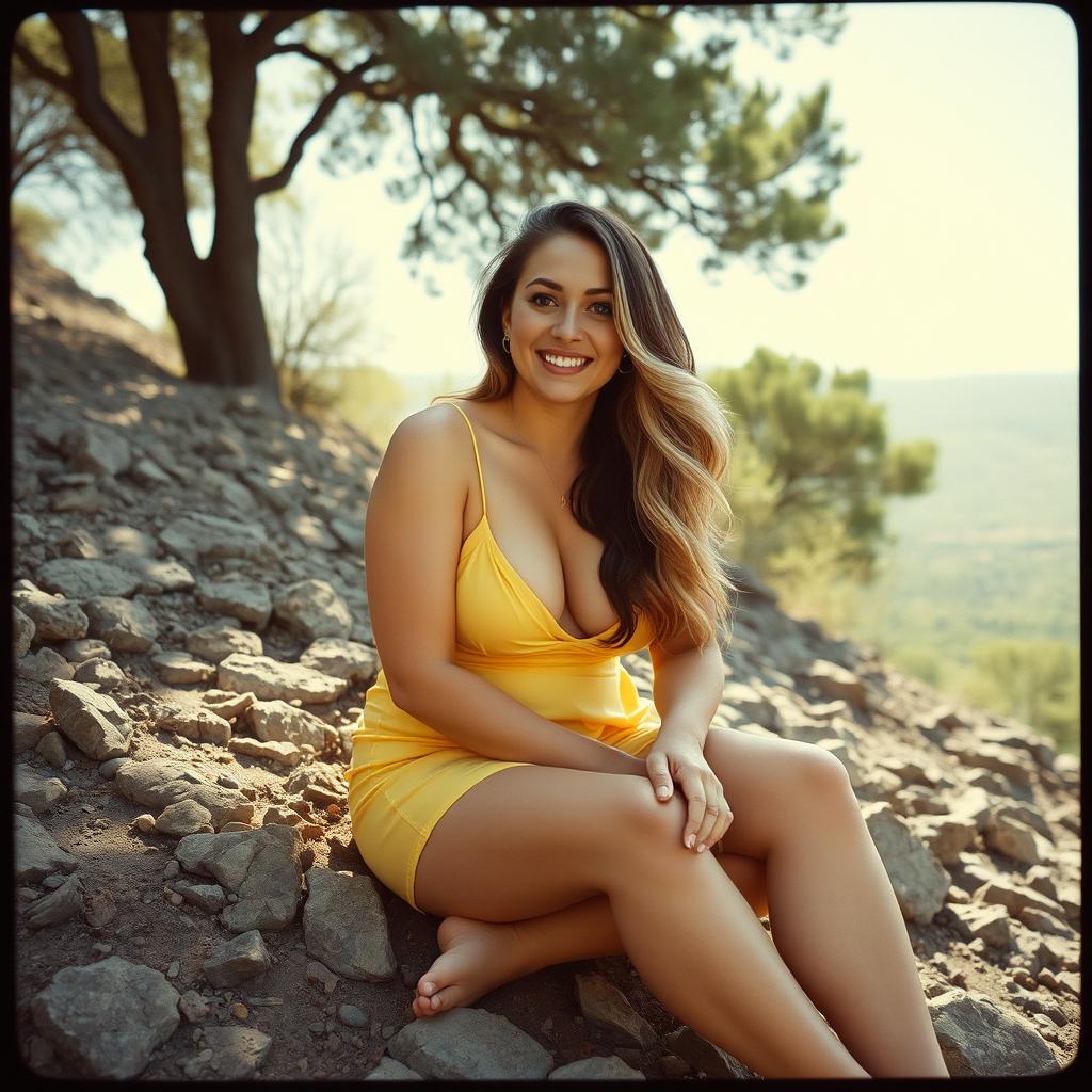 A curvy woman with long dark blonde hair and light-blue eyes, smiling broadly and sitting barefoot on a rocky hillside under the shade of trees on a bright sunny day