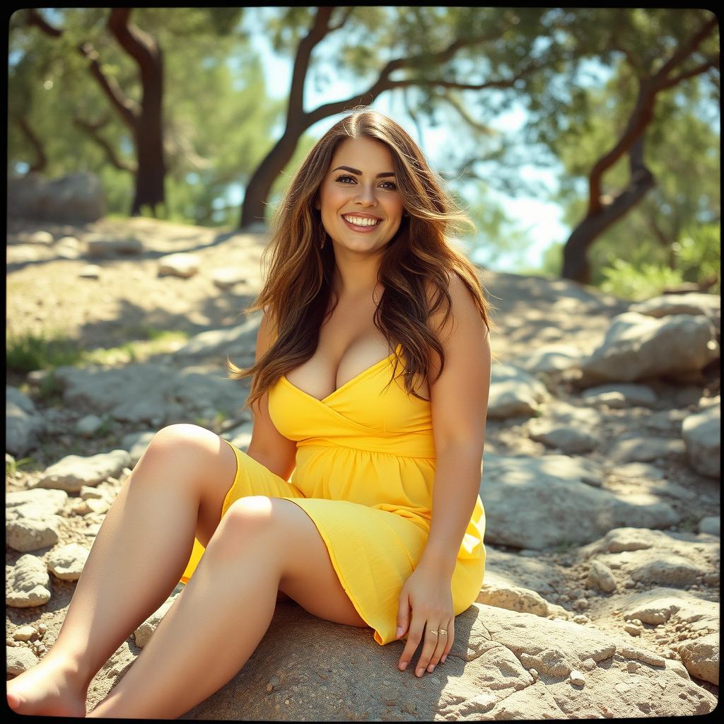 A curvy woman with long dark blonde hair and light-blue eyes, smiling broadly and sitting barefoot on a rocky hillside under the shade of trees on a bright sunny day