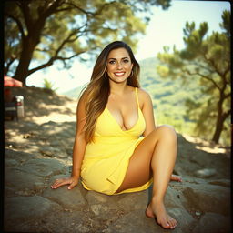 A curvy woman with long dark blonde hair and light-blue eyes, smiling broadly and sitting barefoot on a rocky hillside under the shade of trees on a bright sunny day