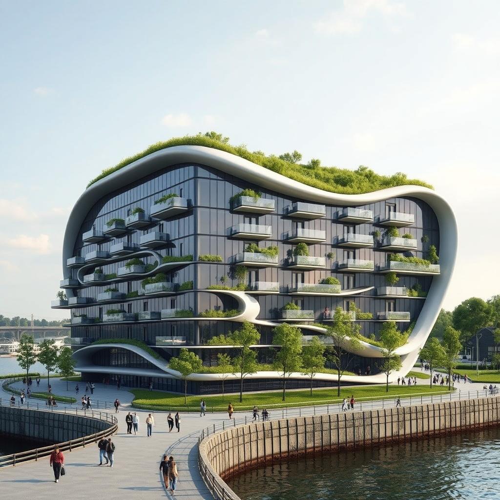 A futuristic, bionic building with extensive glazing, located on an embankment