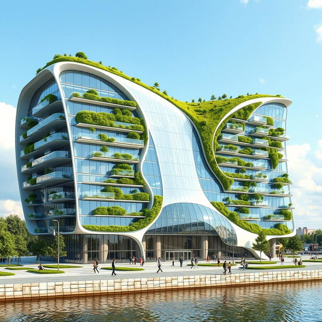 A futuristic, bionic building with extensive glazing, located on an embankment