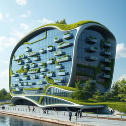 A futuristic, bionic building with extensive glazing, located on an embankment