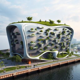 A futuristic, bionic building with extensive glazing, located on an embankment