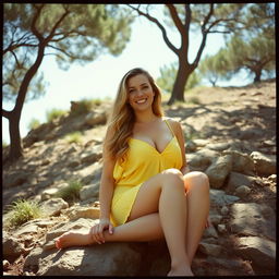 A curvy woman with long dark blonde hair and light-blue eyes, smiling widely as she sits barefoot on a rocky hillside under the shade of trees on a bright sunny day