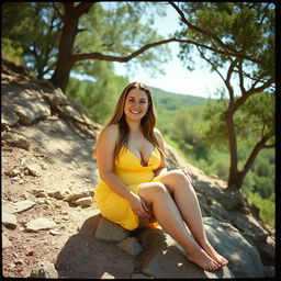 A curvy woman with long dark blonde hair and light-blue eyes, smiling widely as she sits barefoot on a rocky hillside under the shade of trees on a bright sunny day