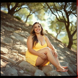 A curvy woman with long dark blonde hair and light-blue eyes, smiling widely as she sits barefoot on a rocky hillside under the shade of trees on a bright sunny day