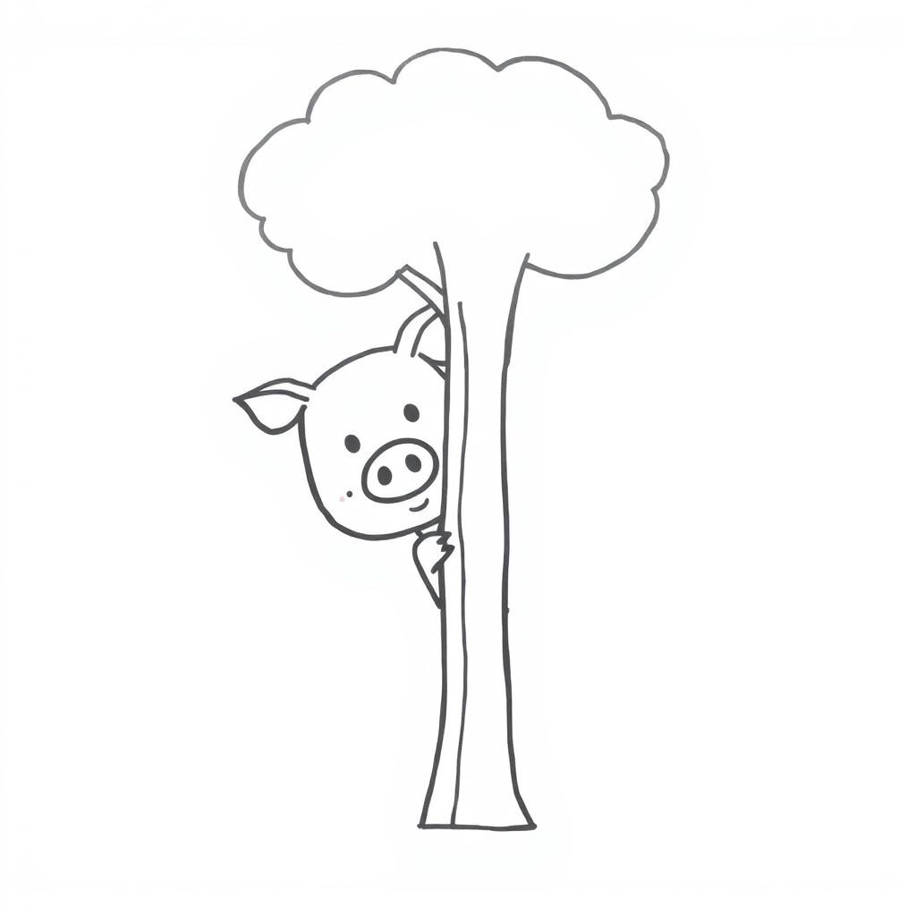 A simple, black and white drawing of a pig peeking from behind a tree