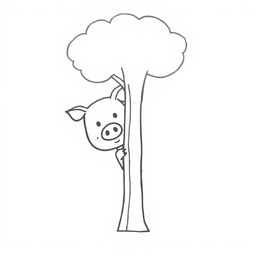 A simple, black and white drawing of a pig peeking from behind a tree