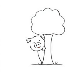 A simple, black and white drawing of a pig peeking from behind a tree