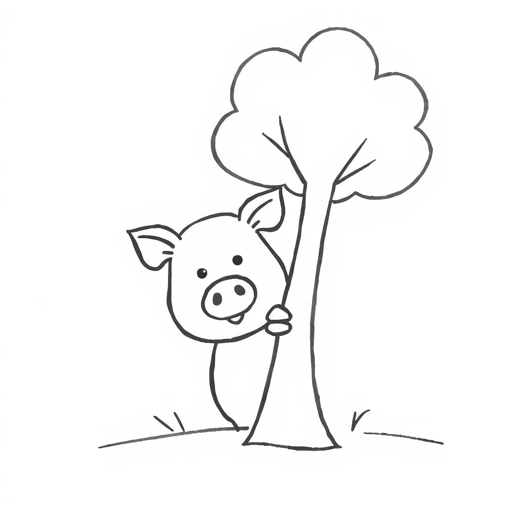 A simple, black and white drawing of a pig peeking from behind a tree