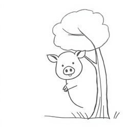 A simple, black and white drawing of a pig peeking from behind a tree