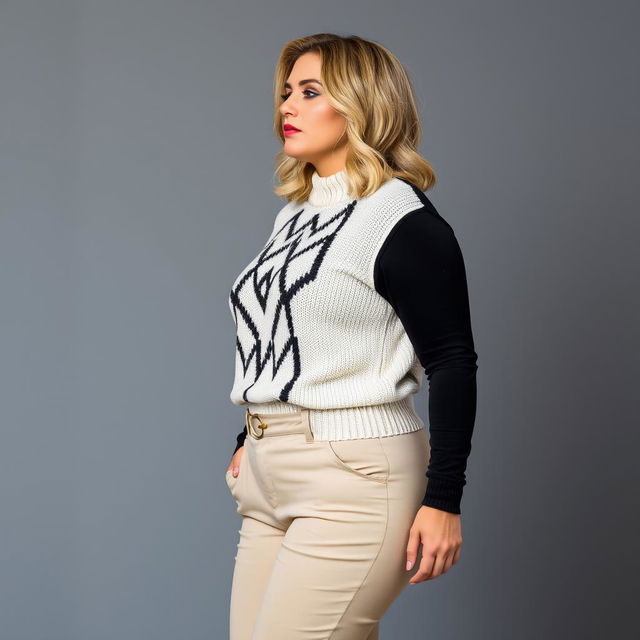 Curvy woman standing with an elegant three-quarter body view to the right