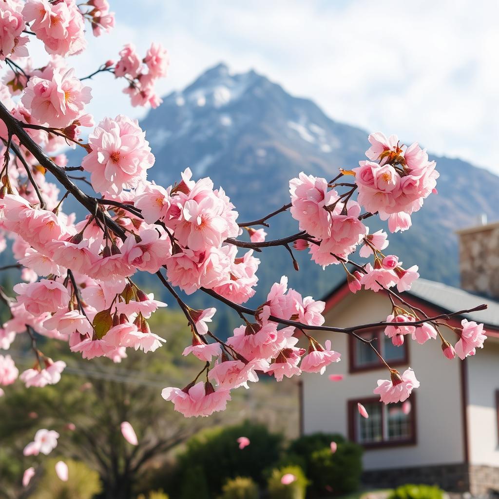 A cherry blossom tree with its flowers gently falling near a cozy house, set against the backdrop of a majestic mountain