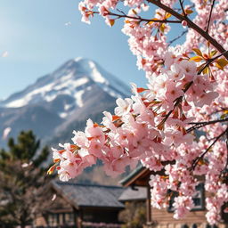 A cherry blossom tree with its flowers gently falling near a cozy house, set against the backdrop of a majestic mountain