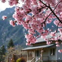 A cherry blossom tree with its flowers gently falling near a cozy house, set against the backdrop of a majestic mountain