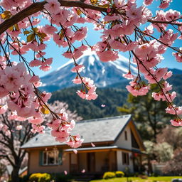 A cherry blossom tree with its flowers gently falling near a cozy house, set against the backdrop of a majestic mountain