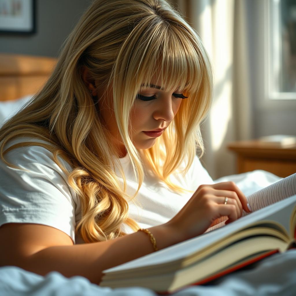 close-up, candid photograph capturing a curvy woman with long blonde hair and stylish curtain bangs