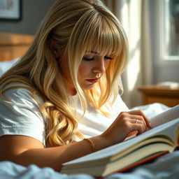 close-up, candid photograph capturing a curvy woman with long blonde hair and stylish curtain bangs