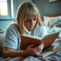 close-up, candid photograph capturing a curvy woman with long blonde hair and stylish curtain bangs