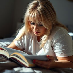 close-up, candid photograph capturing a curvy woman with long blonde hair and stylish curtain bangs