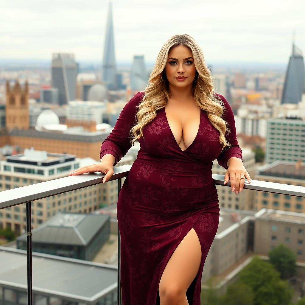 A curvy woman stands on a balcony overlooking the London cityscape, dressed in a deep V-neck burgundy dress adorned with intricate floral patterns