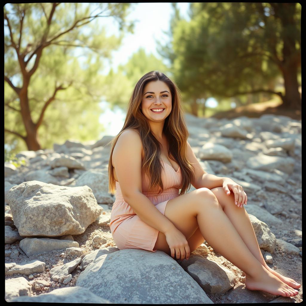 An analog film photo capturing a curvy woman with a big smile, sitting comfortably on a rocky hillside beneath the shade of trees on a bright sunny day