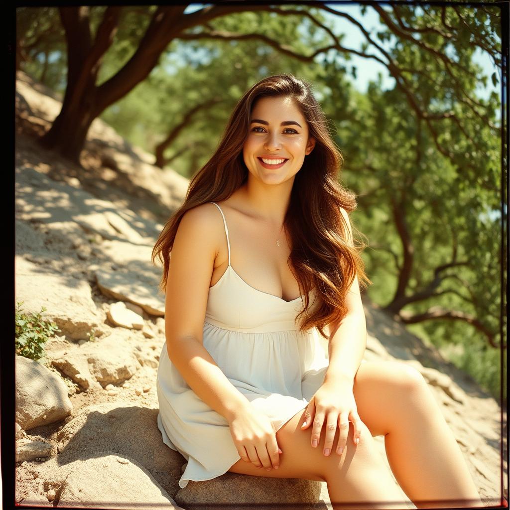 An analog film photo capturing a curvy woman with a big smile, sitting comfortably on a rocky hillside beneath the shade of trees on a bright sunny day