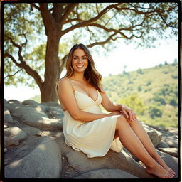 An analog film photo capturing a curvy woman with a big smile, sitting comfortably on a rocky hillside beneath the shade of trees on a bright sunny day