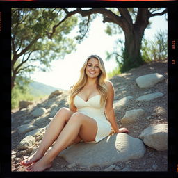 An analog film photo capturing a curvy woman with a big smile, sitting comfortably on a rocky hillside beneath the shade of trees on a bright sunny day