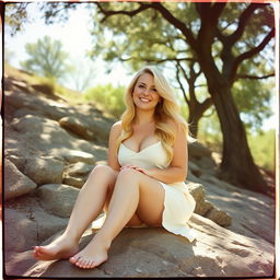 An analog film photo capturing a curvy woman with a big smile, sitting comfortably on a rocky hillside beneath the shade of trees on a bright sunny day