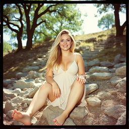 An analog film photo capturing a curvy woman with a big smile, sitting comfortably on a rocky hillside beneath the shade of trees on a bright sunny day