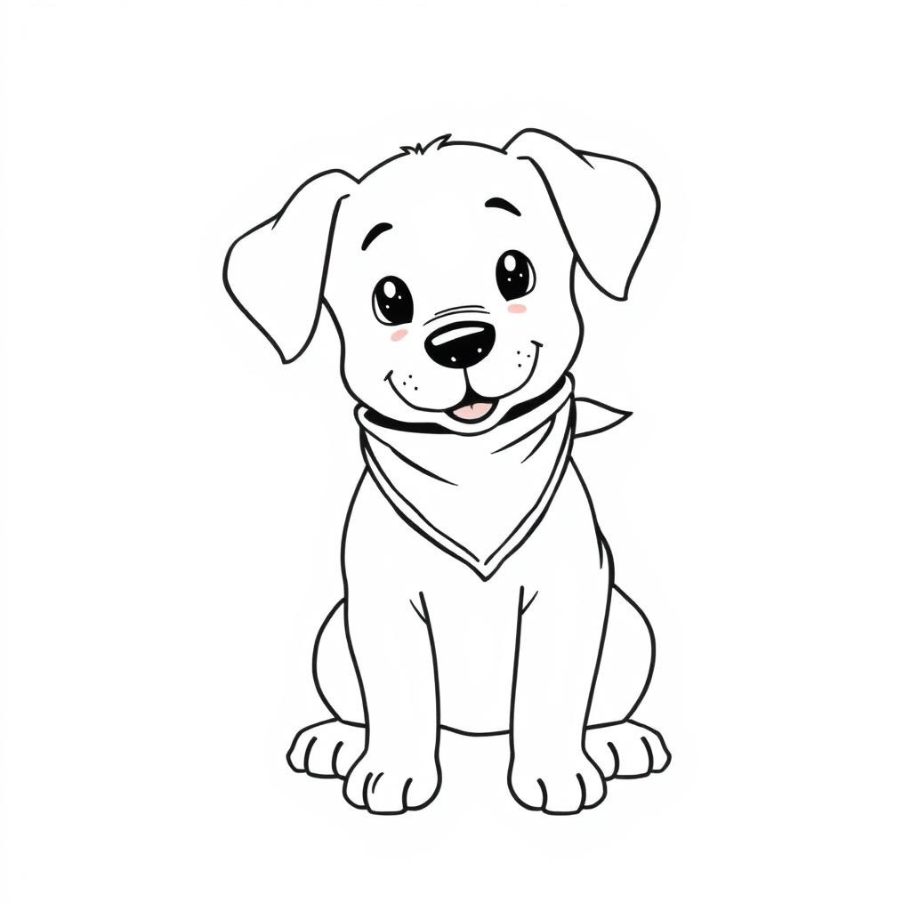 A simple, black and white drawing of a puppy wearing a bandana, depicted with basic lines and minimal detail to make it suitable for children