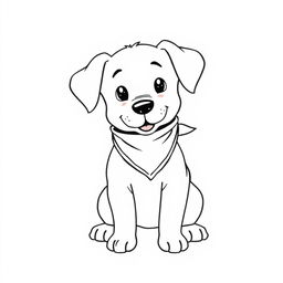 A simple, black and white drawing of a puppy wearing a bandana, depicted with basic lines and minimal detail to make it suitable for children