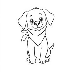 A simple, black and white drawing of a puppy wearing a bandana, depicted with basic lines and minimal detail to make it suitable for children