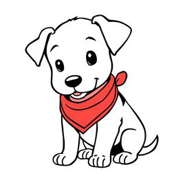 A simple, black and white drawing of a puppy wearing a bandana, depicted with basic lines and minimal detail to make it suitable for children